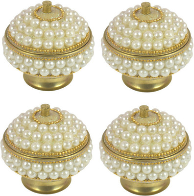 Real Craft Brass Round Moti Sindoor Box/Dani Pack of 4 Decorative Showpiece  -  7 cm(Brass, White, Gold)
