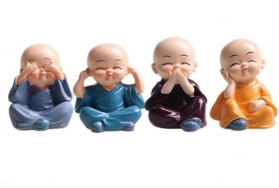 AEC Buddha Monk Statues Miniature Figurines Set Of 4 Small Car Decoration Decorative Showpiece  -  4 cm(Ceramic, Multicolor)