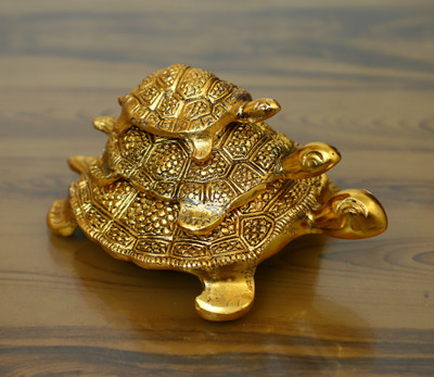 Chhariya Crafts Metal Feng Shui Set Of 3 Tortoise Family for Good Luck Decorative Showpiece  -  12.5 cm(Metal, Gold)
