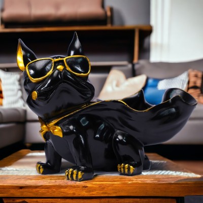 AVIRAL CRAFTS Dog with Basket - Playful and Functional Accent Piece Decorative Showpiece  -  18 cm(Polyresin, Black, Gold)