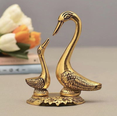 uniquepacks Beautiful love Birds Swan Pair With Golden Finish Swan Couple Pair Kissing Duck Decorative Showpiece  -  13 cm(Metal, Gold)