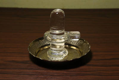 Sikarwar Traders Crystal Shivling with Beautiful Metail Bowl for Home & Office Decoration Decorative Showpiece  -  4 cm(Crystal, White)