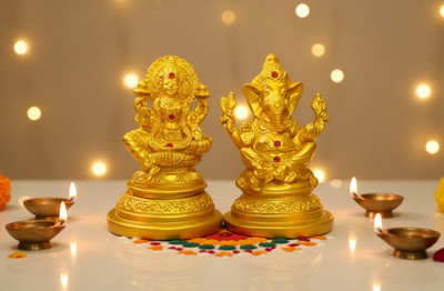 HanuCreation Golden Laxmi Ganesh Idol Set for Diwali Pooja & Gifting Decorative Showpiece  -  10.5 cm(Polyresin, Resin, Gold)
