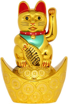 9tees Mart Vastu Fengshui Golden Welcome Cat Sitting On Money Ingot For Wealth, Happiness Decorative Showpiece  -  15 cm(Plastic, Gold)