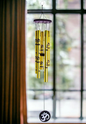 Divine Creations Feng Shui Metal Wind Chime with Om Print, 5 Pipes for Outdoor - Decorative Showpiece  -  42 cm(Metal, Gold)