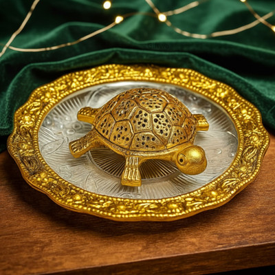 GIFTWA Brass Finish Turtle with Platefor Wealth & Good Luck,Home Decorative Showpiece  -  13 cm(Metal, Crystal, Brown)