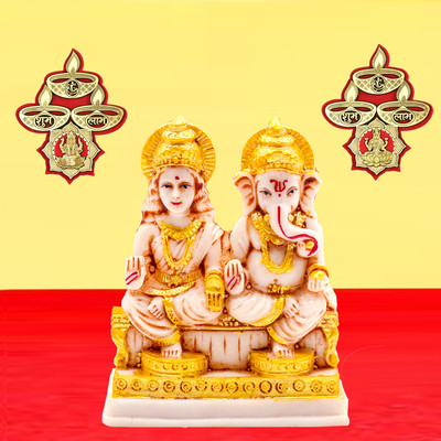 NOKTUS Laxmi Ganesh Murti Marble Statue for Pooja Room | Laxmi-Ganesh Sticker Decorative Showpiece  -  12 cm(Marble, Brown)