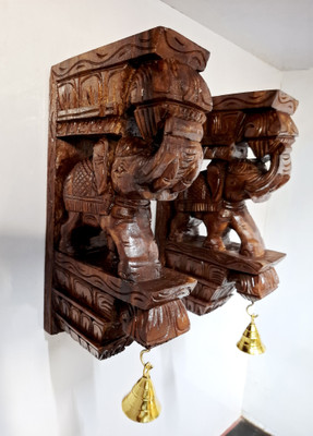 JlineArts Wooden Elephant Wall Bracket Pair 12 Inch Antique Finish with Brass Bells Decorative Showpiece  -  30 cm(Wood, Brown)