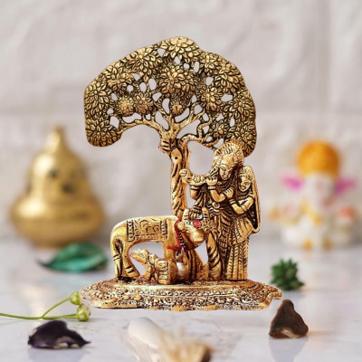 Chhariya Crafts Metal Radha Krishna with Cow Standing Under Tree Plying Flute Decorative Showpiece  -  14.5 cm(Metal, Gold)