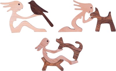 REWASHREE CRAFT WORLD Wooden Toy for Kids Showpiece Woman Bird Dog Cat (Pack of 3) Decorative Showpiece  -  10 cm(Wood, Brown)