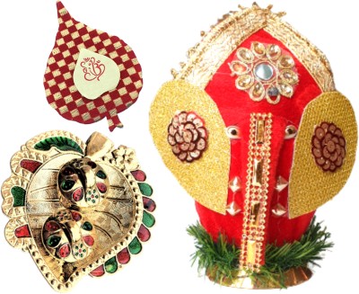 Artonezt Lord Ganesha Coconut Shagun Nariyal + 1 Acrylic Puja Thali + 1 Tilak Pack Decorative Showpiece  -  3 cm(Fabric, Wood, Red)