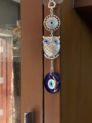 Manish Enterprises Evil Eye Hanging 2 OM Nazar Suraksha Kavach with Crystal Ball Decorative Showpiece  -  15 cm(Glass, Plastic, Blue, Silver)