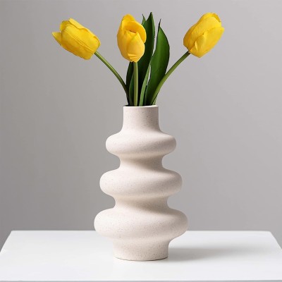 Earthystone Donut Ceramic Vase, Round Matte Off White Flower Vase, Boho Style Décor Decorative Showpiece  -  8.7 cm(Ceramic, White)