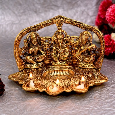 Craftam Laxmi Ganesh Saraswati Darbar with Five Diya Idol Showpiece Decorative Showpiece  -  13 cm(Aluminium, Gold)