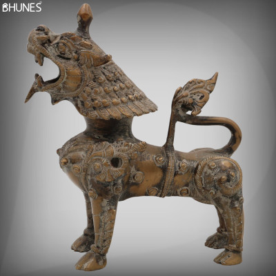 Bhunes Brass Chinese Foo Dog In Antique Look Decorative Showpiece  -  18 cm(Brass, Black)