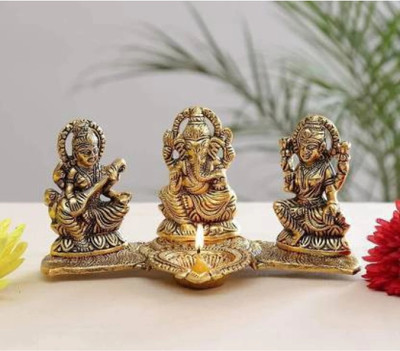 braj bazar Lord Ganesha,Lakshmi and Saraswati With Diya Decorative Decorative Showpiece  -  10 cm(Metal, Gold)