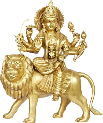 NAVADURGA Pure Brass Maa Durga Idol Sitting On Lion | Maa Sherawali Murti (12 Inch) Decorative Showpiece  -  35 cm(Brass, Gold)