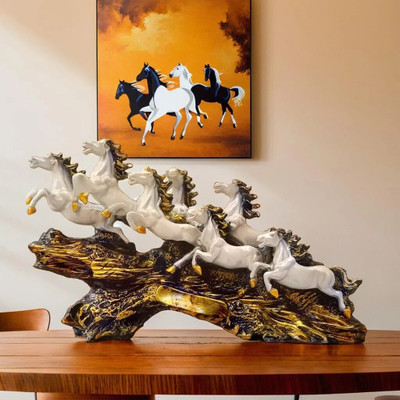 Rudransh Creations 7 Running Horse Statue for Living Room Decorative Showpiece  -  25 cm(Resin, White)