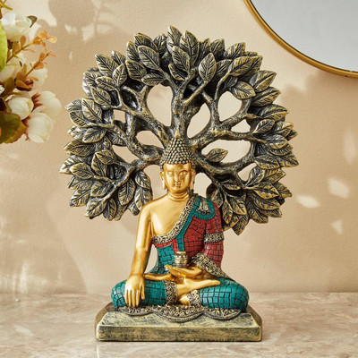 Mishtukocrafts Tree Buddha Statue showpiece Idol Home Decor Items for Living Room and Gifts Decorative Showpiece  -  24 cm(Resin, Gold, Blue, Red)