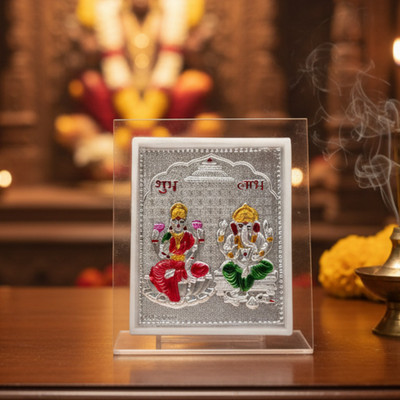 Parasmoni Silver Plated LAXMI GANESHA Photo Frame with Silver Work| god Photo Frame Decorative Showpiece  -  7 cm(Metal, Silver, Green, Red, Yellow)