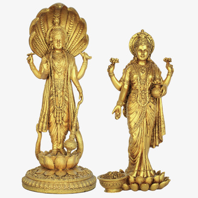 Theshilp Lord Vishnu with Maa Lakshmi Antique Gold Sculpture Pair for Home & Temple Decorative Showpiece  -  28 cm(Polyresin, Resin, Gold)