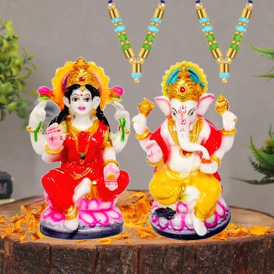 NOKTUS Maa Lakshmi With God Ganesh Polyresin Murti -Garland of Lord Ganesha and Lakshmi Decorative Showpiece  -  12 cm(Resin, Multicolor)