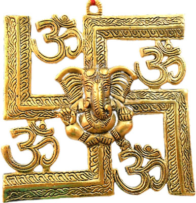 SSS Enterprisses A Metallic Golden Colored Ganesha Ji With OM & Swastik Shaped Wall Hanging Decorative Showpiece  -  21.5 cm(Aluminium, Gold)