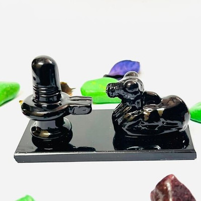 DARIDRA BHANJAN Shivalingam Crystal Shivling With Nandi, for Home Decor Puja Vastu Decorative Showpiece  -  4 cm(Crystal, Black)