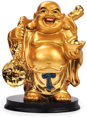 KSB Decor Feng Shui Laughing Buddha | Happy Man with Ingot in Both Hands Decorative Showpiece  -  11 cm(Resin, Gold)
