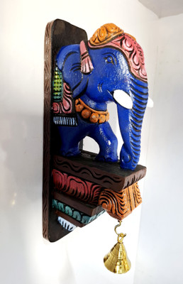 JlineArts Wooden Elephant Wall Bracket 12 Inch Handcarved Solid Wood Decor with Brass Bell Decorative Showpiece  -  30 cm(Wood, Multicolor)