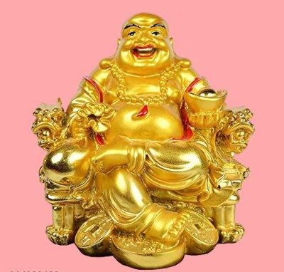 Digital Comm Vastu Fengshui Laughing Buddha Sitting On Chair Ingot, Sitting With Money Coin Decorative Showpiece  -  8 cm(Resin, Gold)