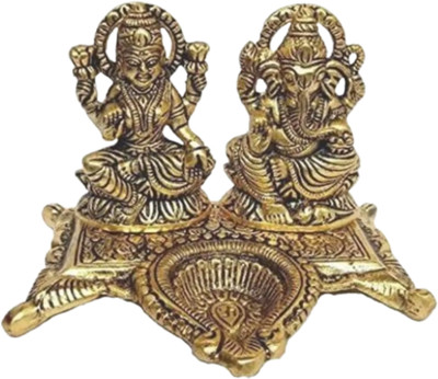 Shri Kaila Maa Art Gallery Laxmi Ganesh Idol with Diya 12cm Decorative Showpiece  -  12 cm(Aluminium, Gold)