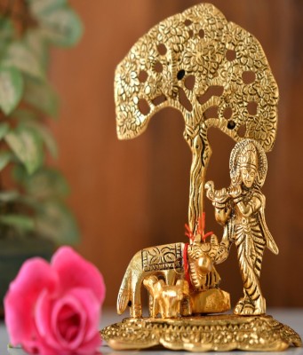 Flipkart SmartBuy Golden Metal Krishna with Cow Calf Standing Under Tree Plying Flute Decorative Showpiece  -  16.5 cm(Gold Plated, Gold)