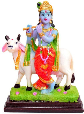 KIRINVEDA Resin Standing Krishna Murti Playing Flute and Cow Gau MATA Idol/Statue Decorative Showpiece  -  12 cm(Resin, Multicolor)