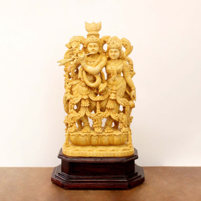 Soorya Kiran Handicrafts Radha Krishna Statue Handmade Wooden Sculpture Hindu Home Decor Decorative Showpiece  -  63 cm(Wood, Beige)