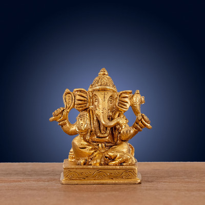 Indigenite Lord Ganesh Ganpati Brass Murti Idols for Home Entrance Decor Pooja Room Decorative Showpiece  -  7.6 cm(Brass, Gold)