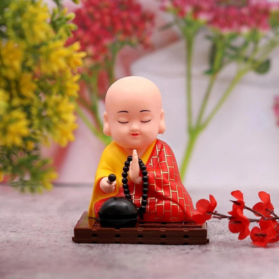 DeoDap Solar Powered Sitting Buddha Statue |Head And Hand Moving Buddha Statue (Medium) Decorative Showpiece  -  12 cm(Resin, Red)