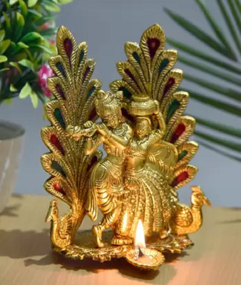 DVM Radha Krishna Idol Diya with Matki Home Decoration Gifts Radha Krishna Statue Decorative Showpiece  -  15 cm(Brass, Metal, Gold)