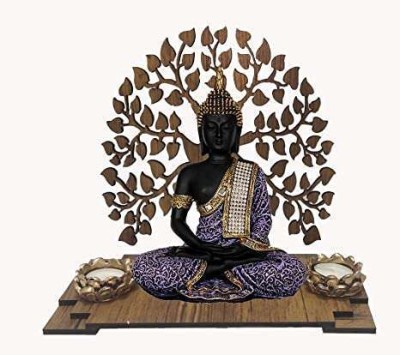 SN Handicrafts Sitting Buddha Idol Statue, Wooden Bodhi Tree with 2 Tealight Candle Holder Decorative Showpiece  -  26 cm(Polyresin, Purple)