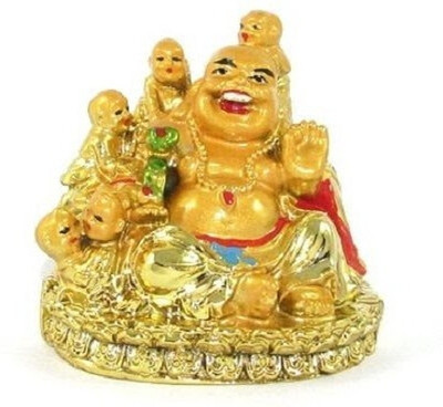 AIR9999 Golden Laughing Buddha WITH FIVE KIDS SMALL Decorative Showpiece  -  8 cm(Brass, Gold)