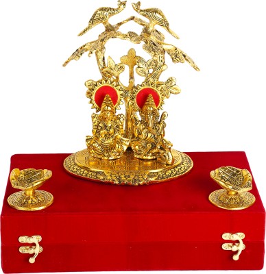GIFTCITY Golden Laxmi Ganesh Murti Under Peacock Tree With 2Pcs Hand Diya And 1 Red Box Decorative Showpiece  -  18 cm(Metal, Gold Plated, Gold)