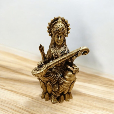 SJL Wax Casting Brass Saraswati Sitting on a Flower for Desk and Home Decor Decorative Showpiece  -  5 cm(Brass, Gold)