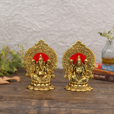 Craftam Antique Golden Finish Lakshmi Ganesh Murti Idol for Home Temple, Pooja Room Decorative Showpiece  -  15 cm(Aluminium, Gold)