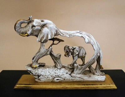 Hanu Creations Elephant Statue with Baby on Base/ Animal idol for Home Decorative Showpiece  -  18 cm(Resin, White)