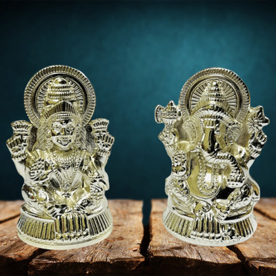 sanskaari Silver Plated Metal Lord Laxmi Ganesha Idol Statue | Ganesh laxmi idol Decorative Showpiece  -  8 cm(Metal, Silver)