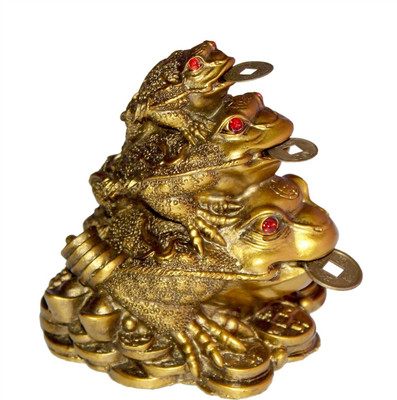 Vastu Art / Vastu / FengShui / Triple Frog Family With Money Coin & Ingot for Health wealth power and prosperity Decorative Showpiece  -  9 cm(Polyresin, Gold)