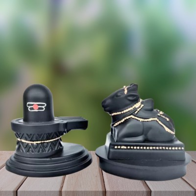 DARIDRA BHANJAN Nandi Pindi Marble Stone Shivling Nandi for Pooja shivalingam Decorative Showpiece  -  7 cm(Resin, Black)