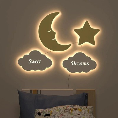 Dekorstation Sweet Dreams Moon & Star Wall Lamp Wooden Creative Wall Decorative Backlit Decorative Showpiece  -  64 cm(Wood, Yellow)