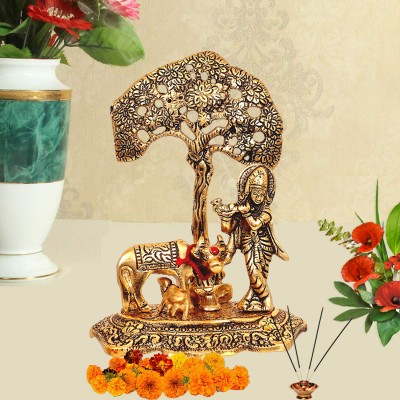 Kitlyn Kamdhenu Cow with Krishna Standing Under Tree Plying Flute Metal Statue Decorative Showpiece  -  15 cm(Brass, Gold)