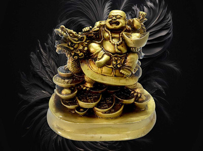 SMVDT SMVDT LAUGHING BUDDHA ON DRAGON TORTOISE CARRYING INGOT FOR GOOD LUCK& HAPPINESS Decorative Showpiece  -  16 cm(Resin, Gold)